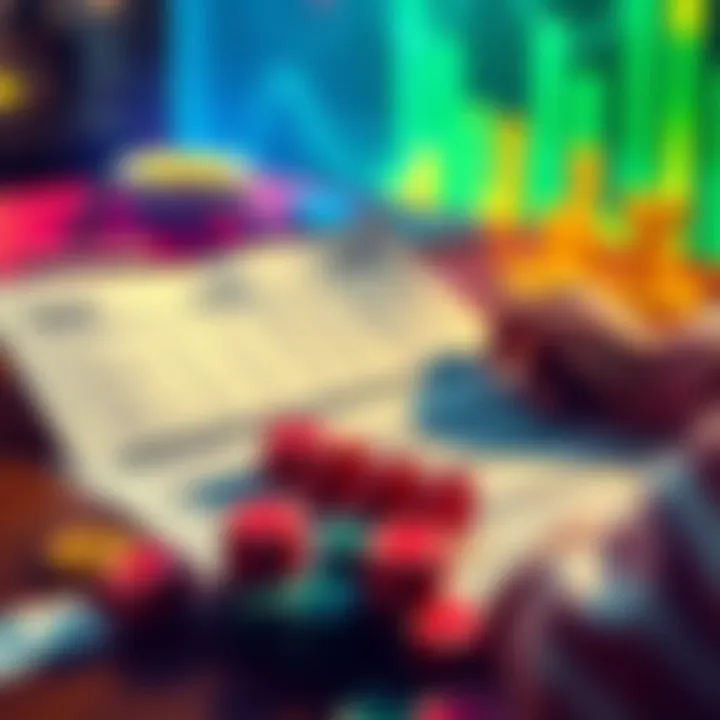 A person reviewing tax documents with cryptocurrency symbols and gambling chips on the table