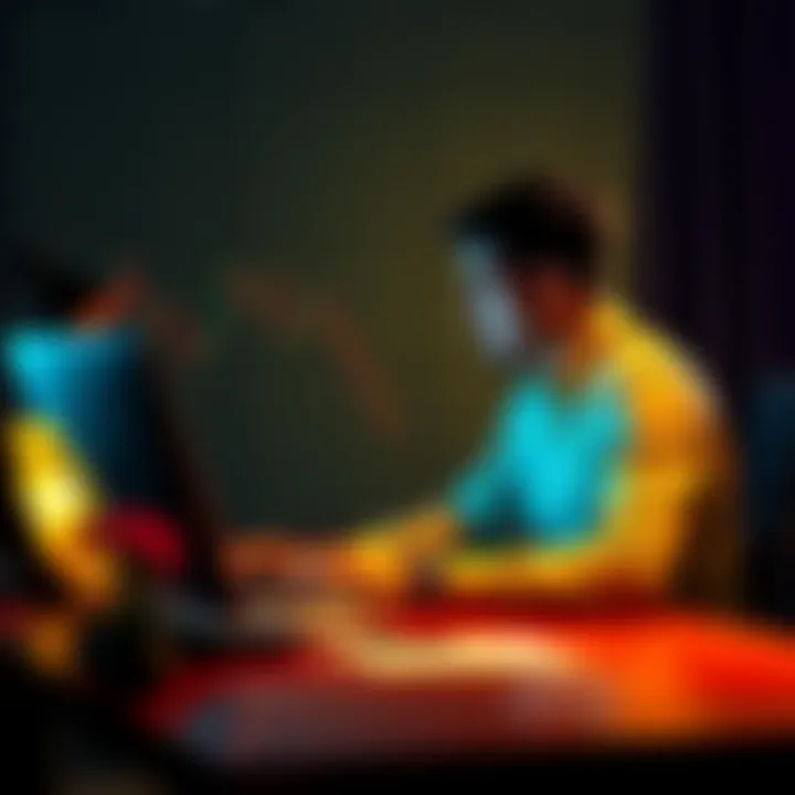 Individual sitting at a desk, looking thoughtfully at a laptop with crypto charts on the screen, symbolizing the struggle with gambling addiction and recovery