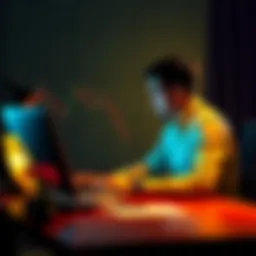 Person reflecting on crypto gambling journey Individual sitting at a desk, looking thoughtfully at a laptop with crypto charts on the screen, symbolizing the struggle with gambling addiction and recovery