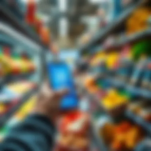 A person scanning a grocery item with a smartphone app displaying cryptocurrency, surrounded by various groceries in a store.