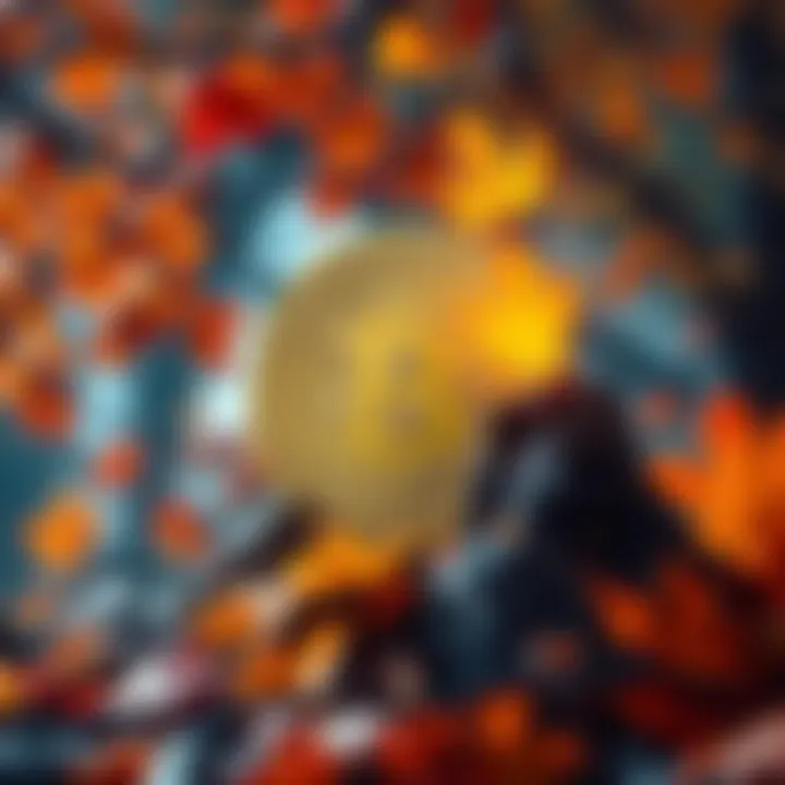 Illustration of a cryptocurrency rising in value during the fall season with autumn leaves in the background.