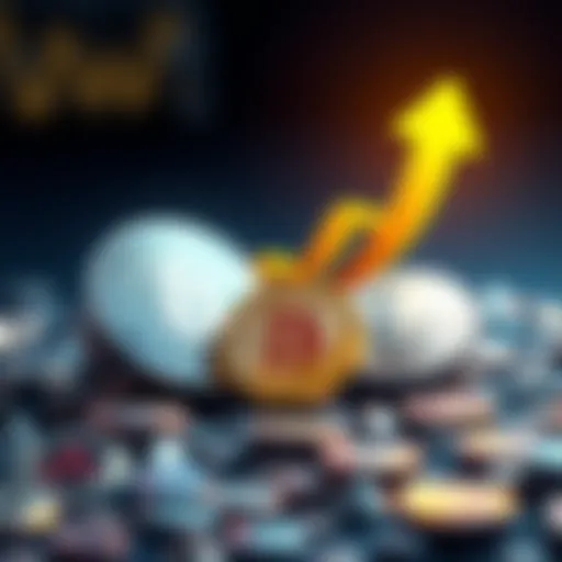 Illustration showing coins of $BTC and $ETH with an upward arrow symbolizing growth in cryptocurrency holdings.