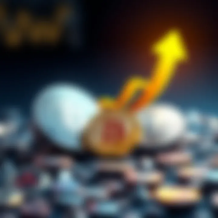 Illustration showing coins of $BTC and $ETH with an upward arrow symbolizing growth in cryptocurrency holdings.