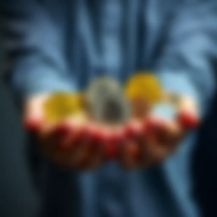 Hands holding cryptocurrency coins Person's hands holding various cryptocurrency coins with a questioning expression