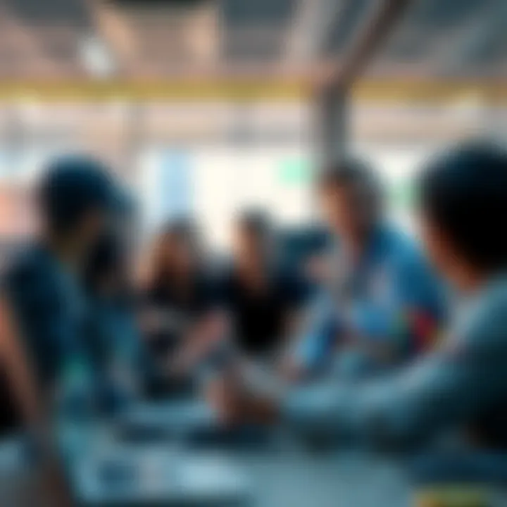A group of people discussing cryptocurrency investments in a modern office setting, showcasing their mixed emotions about market trends.