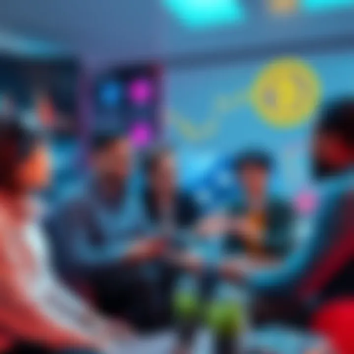 Group of people discussing financial security and technology in a casual environment, with charts and digital currency symbols visible in the background.