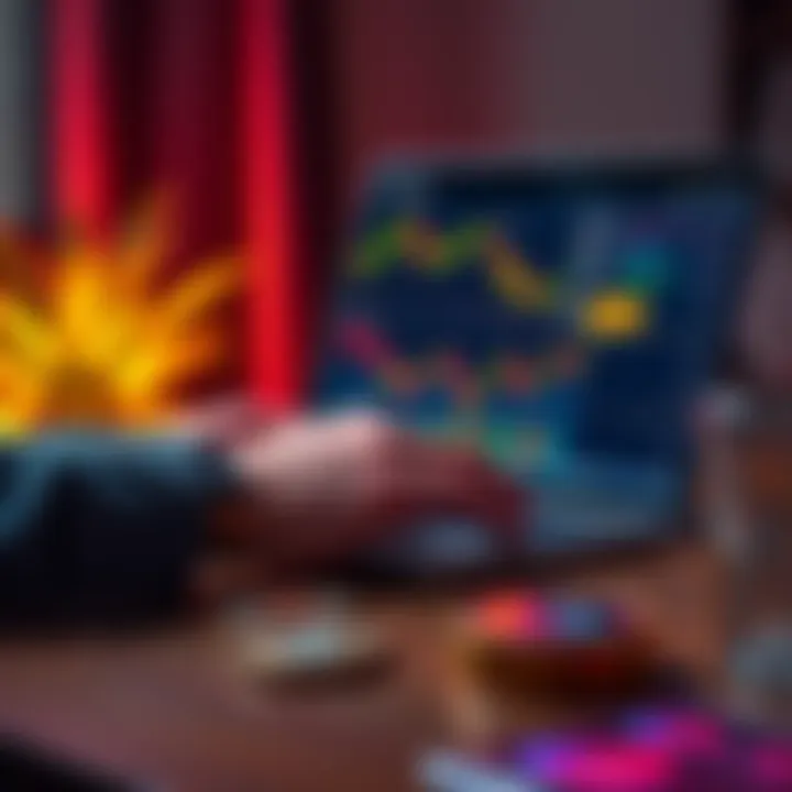 A person analyzing cryptocurrency graphs and charts on a laptop with some digital coins on the table