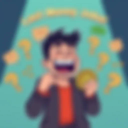 A cartoon illustration of a person laughing while holding a cryptocurrency coin, surrounded by funny money jokes and question marks about investing risks.