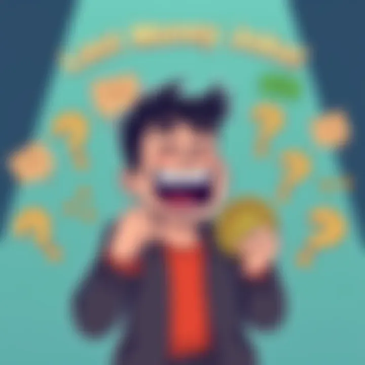A cartoon illustration of a person laughing while holding a cryptocurrency coin, surrounded by funny money jokes and question marks about investing risks.