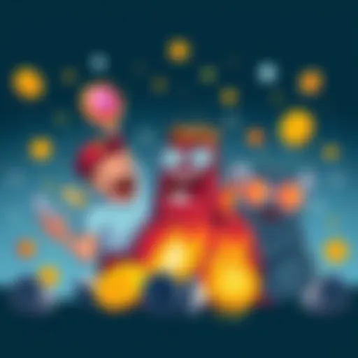 A funny illustration showing characters celebrating with cryptocurrencies and laughing at memes, surrounded by popular crypto icons