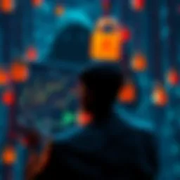 An individual looking at a screen displaying crypto charts, surrounded by digital locks symbolizing control, with a shadow of an AI figure looming over them.