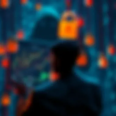 An individual looking at a screen displaying crypto charts, surrounded by digital locks symbolizing control, with a shadow of an AI figure looming over them.