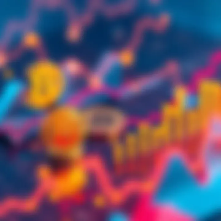 An abstract representation of cryptocurrency symbols interacting with inflation graphs