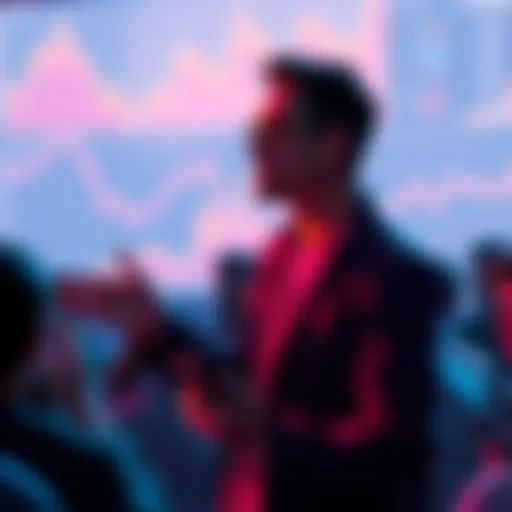 An influencer giving a presentation about cryptocurrency with misleading charts in the background, surrounded by confused followers looking at their phones.