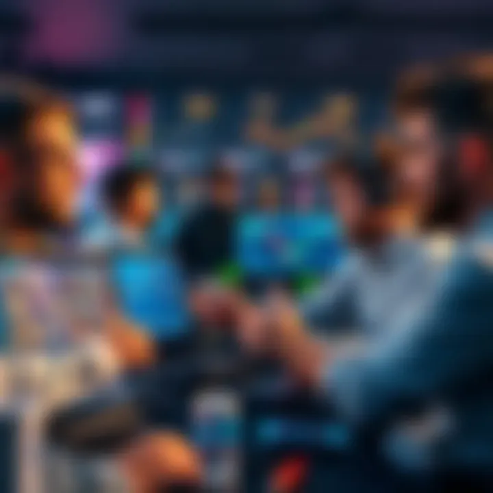 Crypto Influencers Trading Competition A group of crypto influencers engaged in a trading contest, with graphs showing profits and losses on screens, depicting the competitive atmosphere.