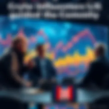 A group of crypto influencers discussing strategies with a background showing declining crypto charts, representing the negative impact of Trump's presidency on the crypto market