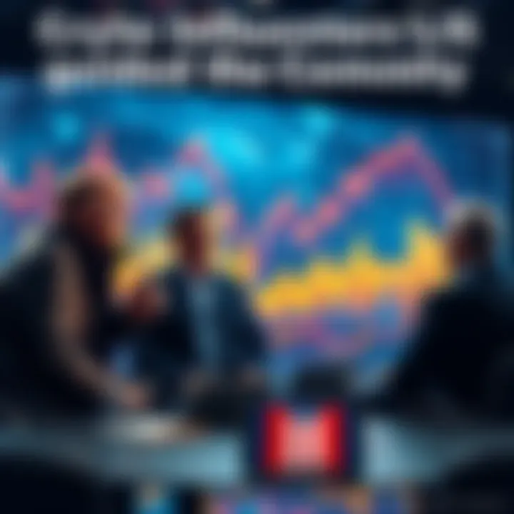 A group of crypto influencers discussing strategies with a background showing declining crypto charts, representing the negative impact of Trump's presidency on the crypto market