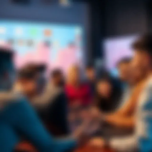 A group of diverse individuals discussing cryptocurrency in front of a computer, with social media icons in the background.