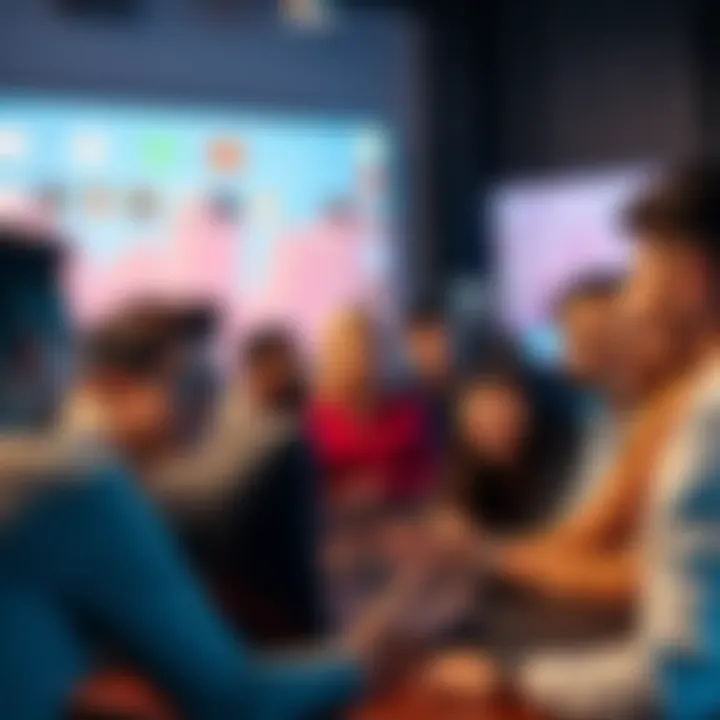 A group of diverse individuals discussing cryptocurrency in front of a computer, with social media icons in the background.