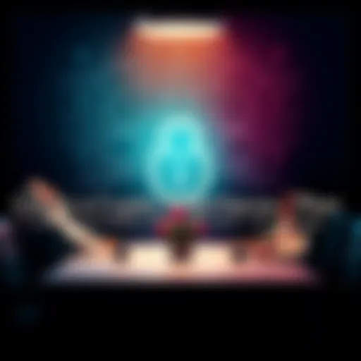 A visual representation of a digital lock symbolizing secure access to crypto assets, with family members discussing their inheritance plan around a table.