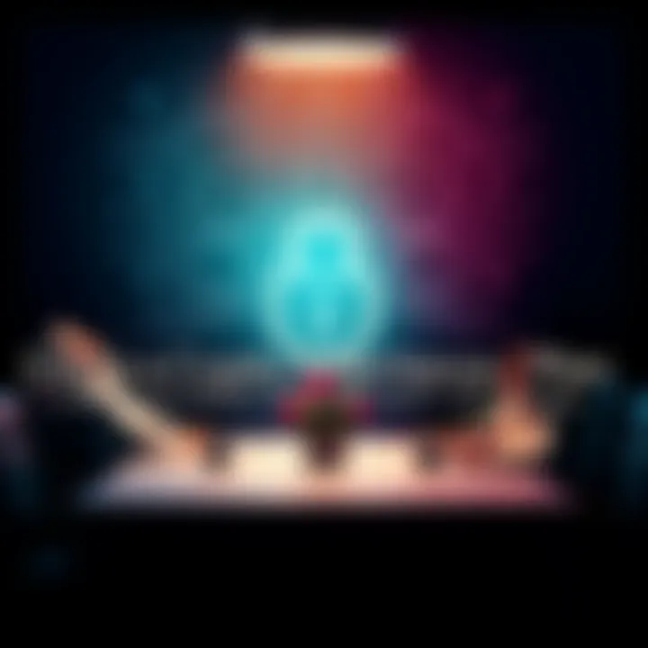 A visual representation of a digital lock symbolizing secure access to crypto assets, with family members discussing their inheritance plan around a table.