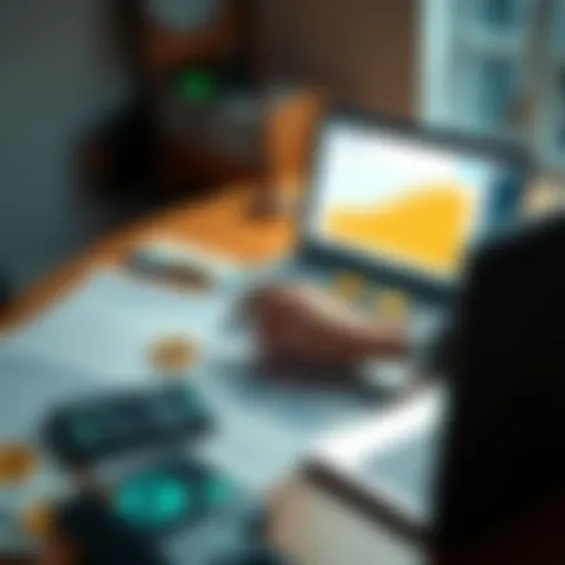 A person reviewing cryptocurrency assets on a laptop with financial documents and a calculator on the desk.