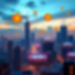 Crypto Innovation A futuristic city skyline with digital currency symbols floating in the air, representing the growth of the crypto sector.