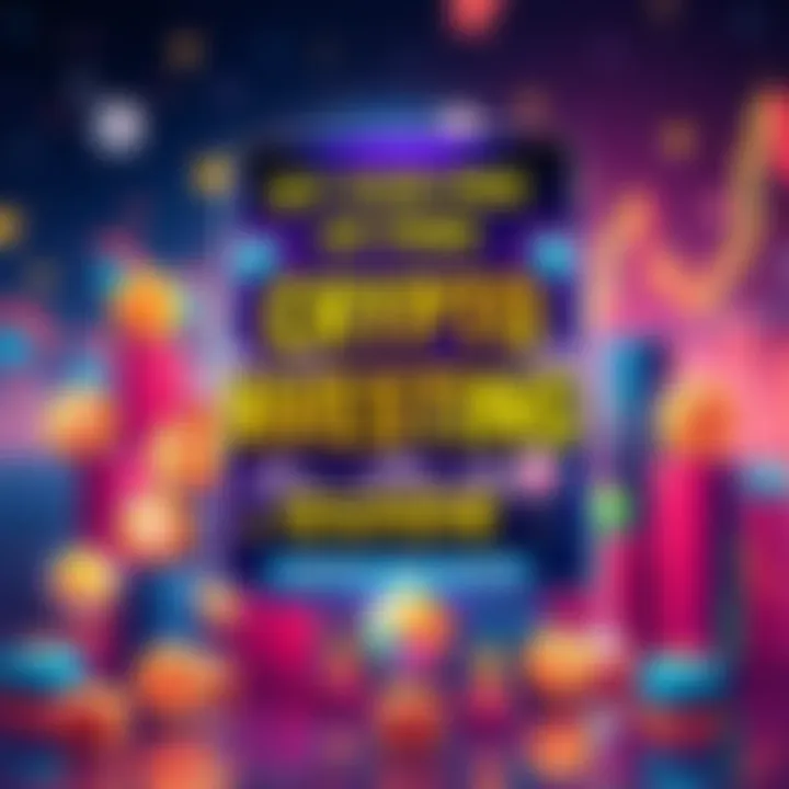 A colorful cover of a cryptocurrency investing guide featuring illustrations of various cryptocurrencies and market charts.