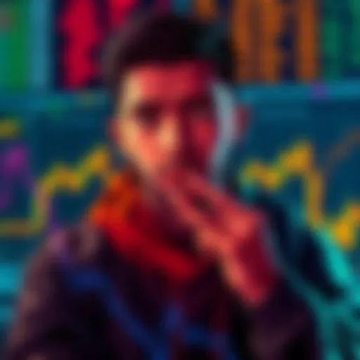A beginner analyzing crypto charts and warning signs of scams with a thoughtful expression.