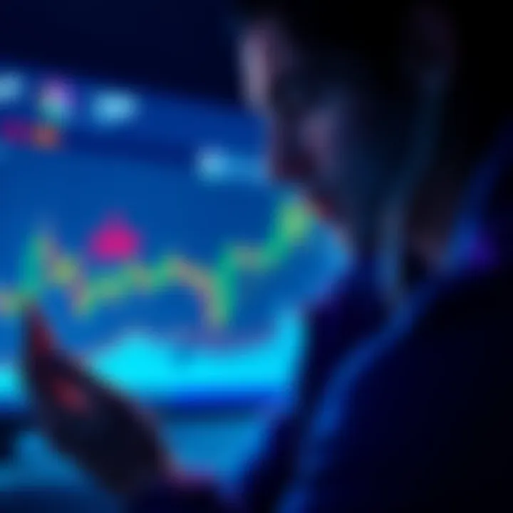 A thoughtful person looking at a chart of AMP token prices, contemplating their investment decisions and missed opportunities in crypto.