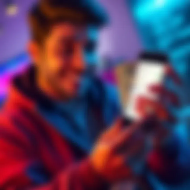 A person holding a small amount of cash with a playful expression, considering crypto investment options on a smartphone.