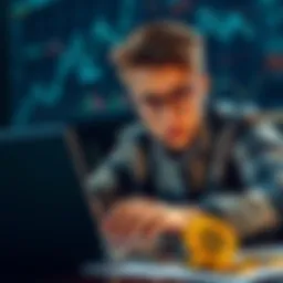 A beginner looking at various cryptocurrency coins with a laptop and charts.