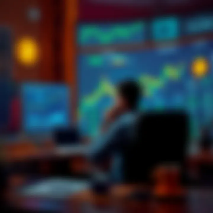 Individual sitting at a desk with charts and cryptocurrency symbols, pondering investment choices