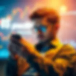 A person contemplating investment strategies with a smartphone and charts showing cryptocurrency trends