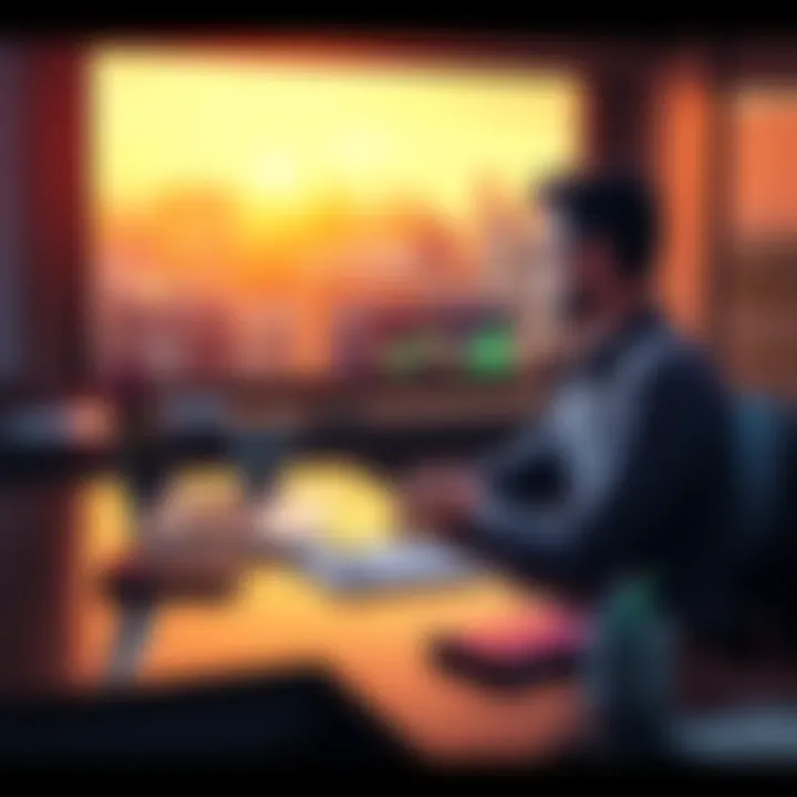A person sitting at a desk looking at cryptocurrency charts on a laptop, contemplating their financial future, with a notebook and calculator nearby.