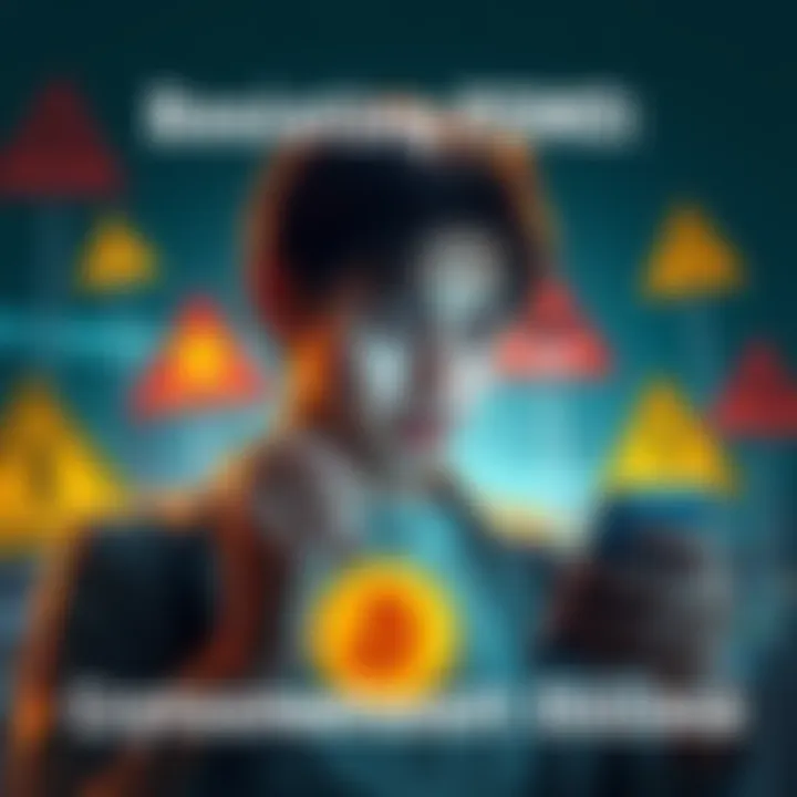 A person looking worried while checking cryptocurrency prices on a phone, surrounded by warning signs about market risks