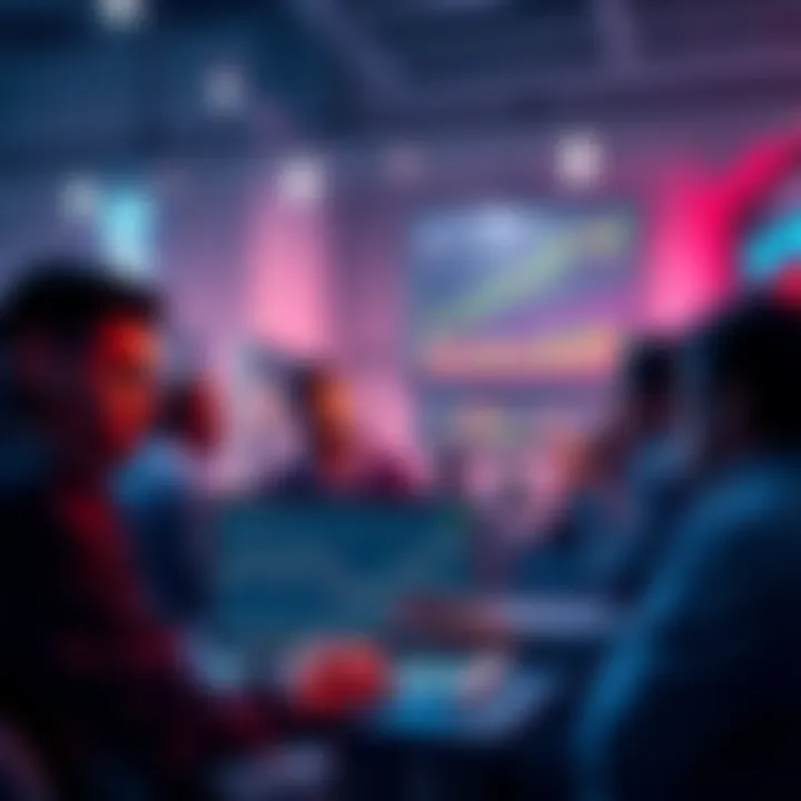 Crypto Investment Discussion A group of diverse people discussing cryptocurrency investments, with graphs and charts on a laptop screen showing market trends