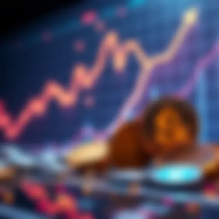 A graph showing rising cryptocurrency values with coins and a $5,000 dollar sign in the foreground.