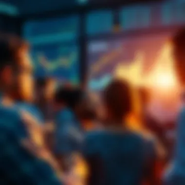 A group of diverse people discussing cryptocurrency investments with charts and digital assets on a screen in the background.