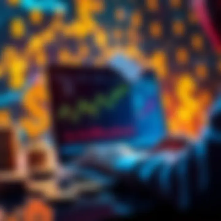 Crypto Investment Growth A person analyzing cryptocurrency charts and graphs on a laptop, with dollar signs and coins in the background.