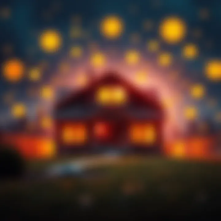A graphic showing a house with cryptocurrency symbols around it, representing the connection between digital currencies and real estate investments.