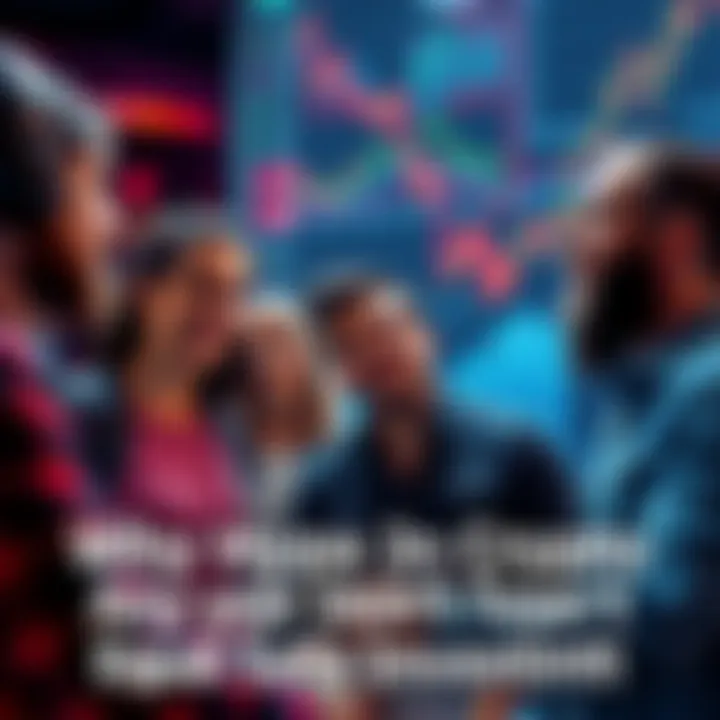 A group of people discussing cryptocurrency trends with charts and graphs in the background, looking excited yet cautious.