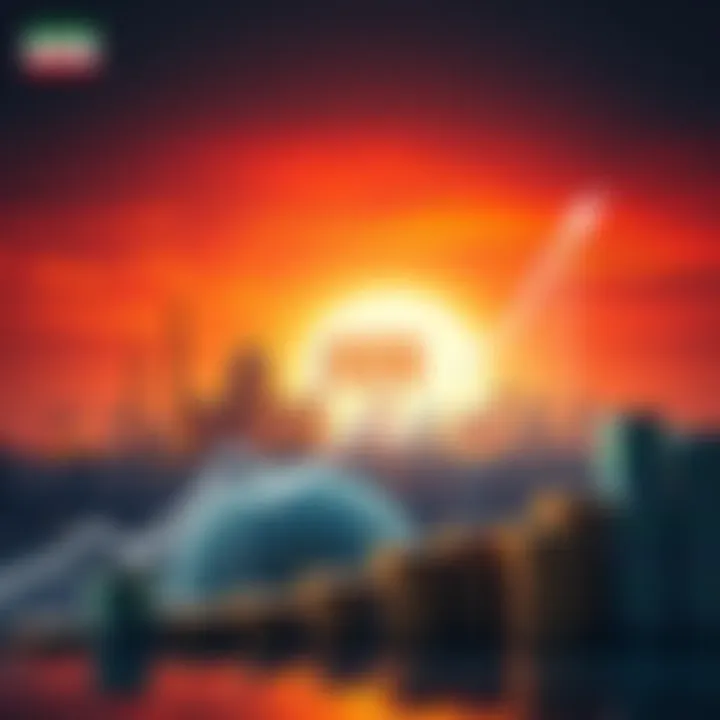 A graph showing the potential rise of cryptocurrency investments in Iran with a backdrop of the Iranian skyline and currency symbols, reflecting economic growth.