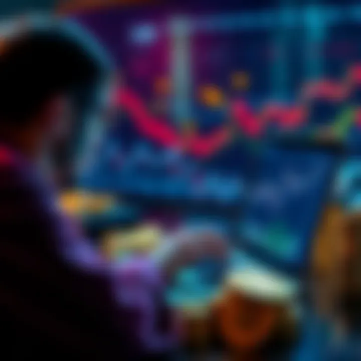 A person analyzing cryptocurrency charts on a laptop, with coins and graphs around them.