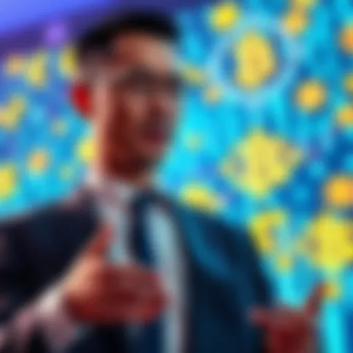 A business professional discussing cryptocurrency strategies with a backdrop of digital currency symbols