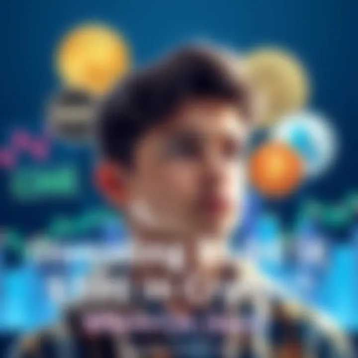 A young person contemplating a $500 investment in various cryptocurrencies including AVAX, UNI, LINK, and AAVE, with graphs showing potential profits in the background.