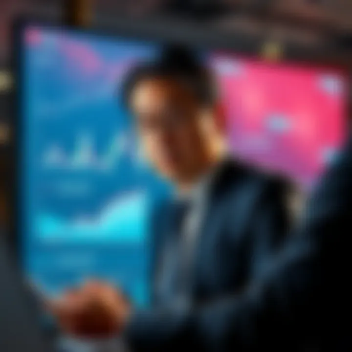 A business executive analyzing cryptocurrency growth opportunities on a digital screen, showcasing charts and graphs about financial flows in Asia.