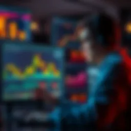 A person analyzing charts and indicators on a computer screen, with cryptocurrency symbols in the background.
