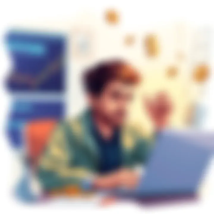 Illustration of a person examining cryptocurrency charts and coins, with a thoughtful expression while sitting at a desk.