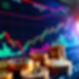 A chart showing cryptocurrency trends and graphs with coins in the foreground, illustrating investment strategies.